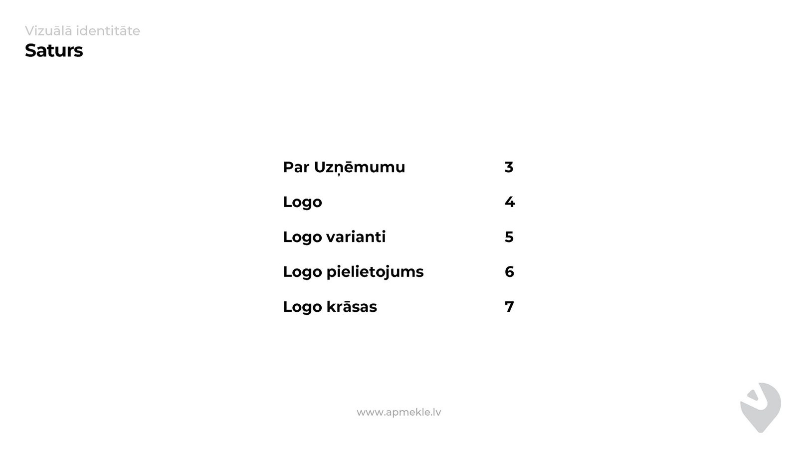 Zīmola grāmatas satura rādītājs ar sadaļām no logotipa līdz krāsām