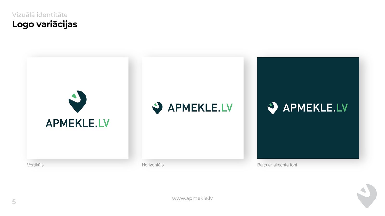 Logotipa variācijas: vertikālā, horizontālā un tumšā fona versija