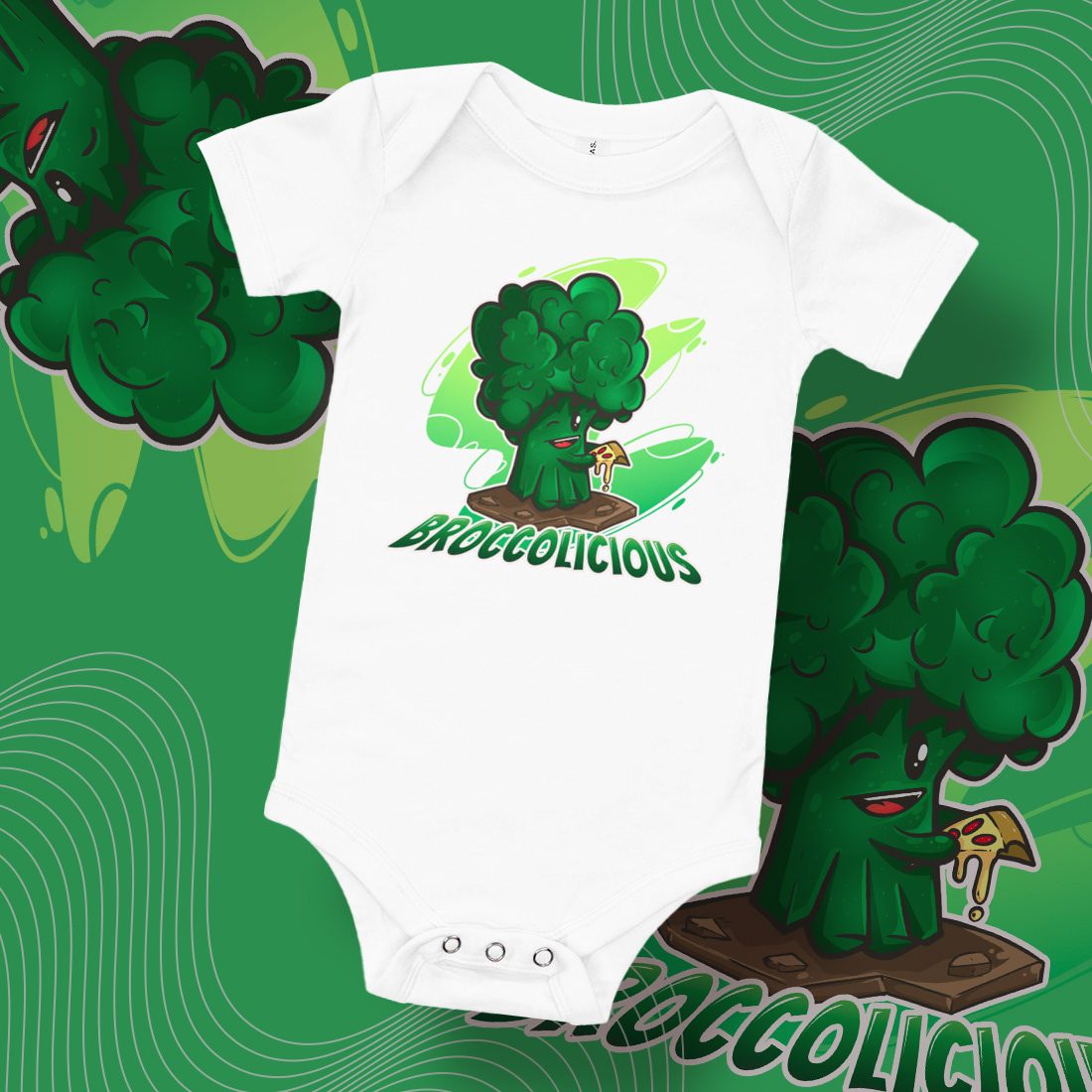 Zīdaiņa bodijs ar brokoļu ilustrāciju un uzrakstu „Broccolicious”