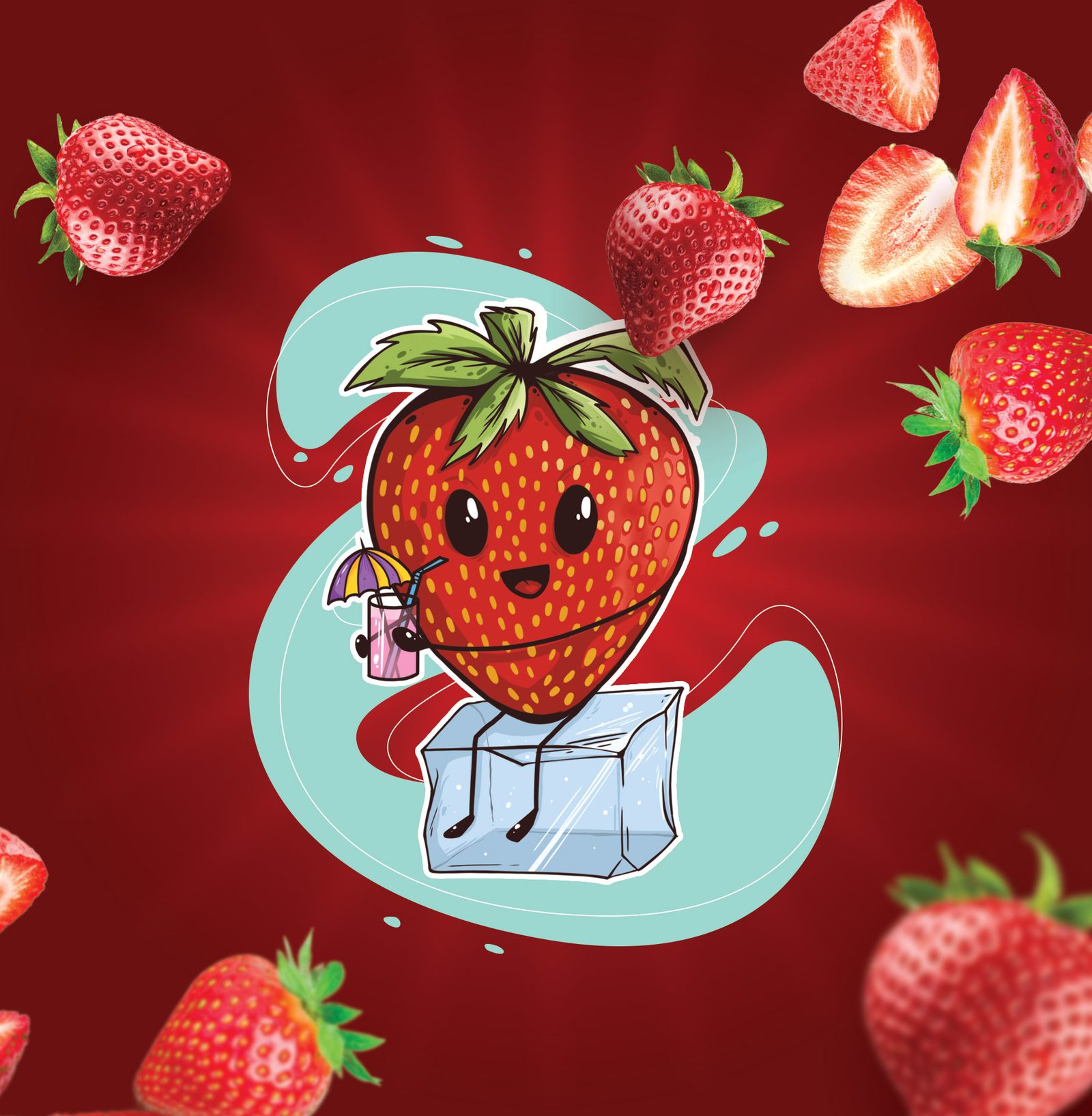 Ilustrācija ar zemenes tēlu, kas ar kokteili sēž uz ledus gabala