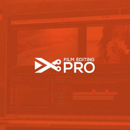 Film Editing Pro logotips uz oranža videoredaktora ekrāna