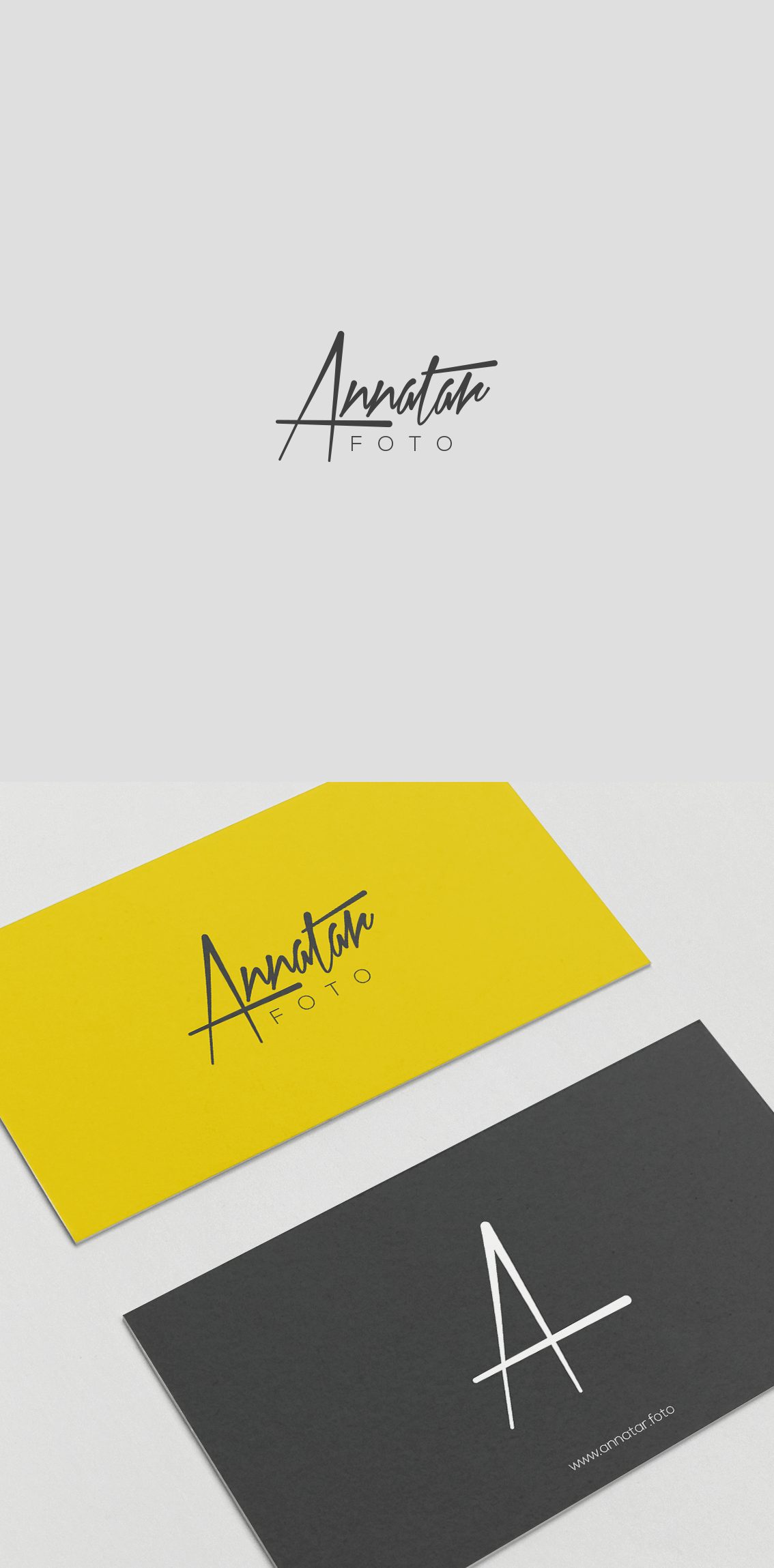 Annatar Foto logotips un vizītkartes dzeltenā un pelēkā krāsā