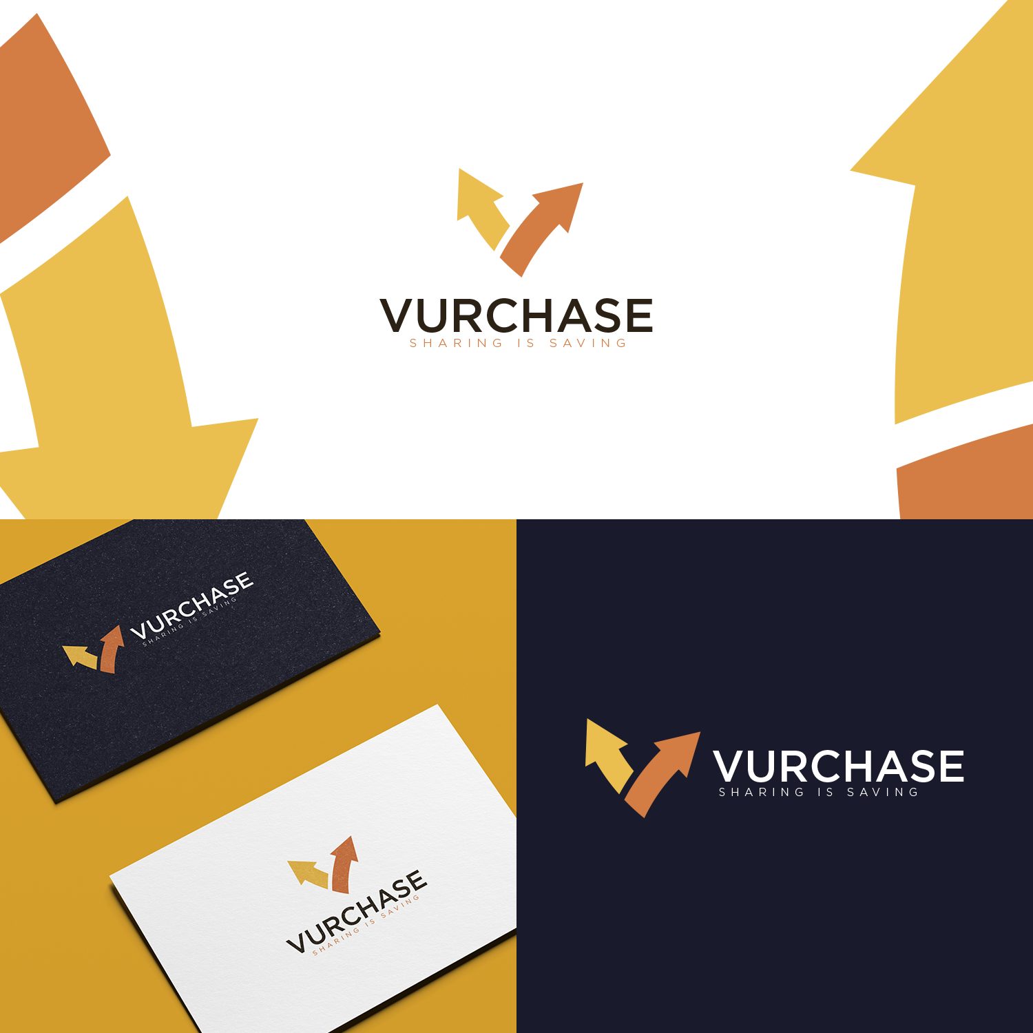 Vurchase logotips un vizītkartes uz dzeltena un tumši zila fona