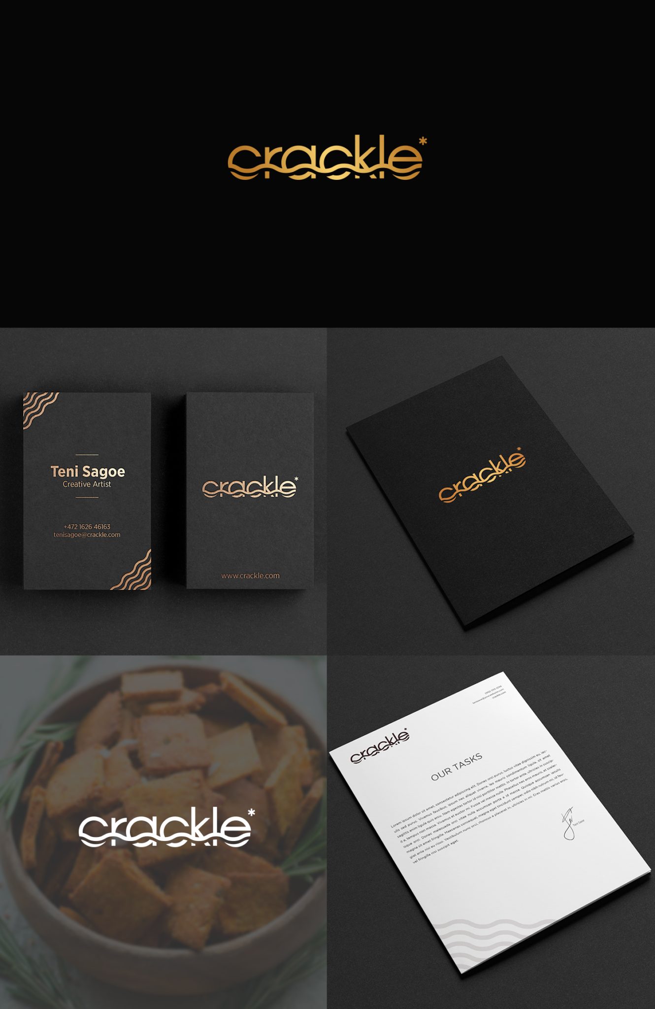 Crackle zīmola komplekts: vizītkartes, mape, veidlapa un produkta fotogrāfija