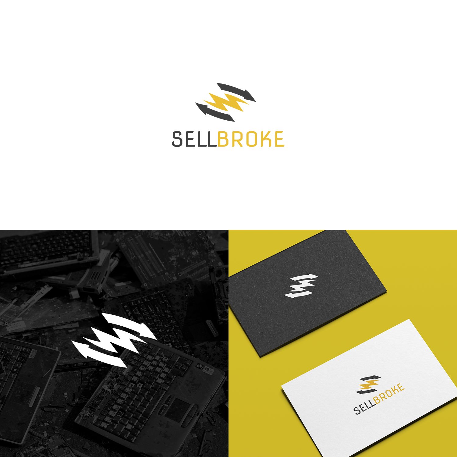 SellBroke logotips un vizītkartes dzeltenā, melnā un baltā krāsā