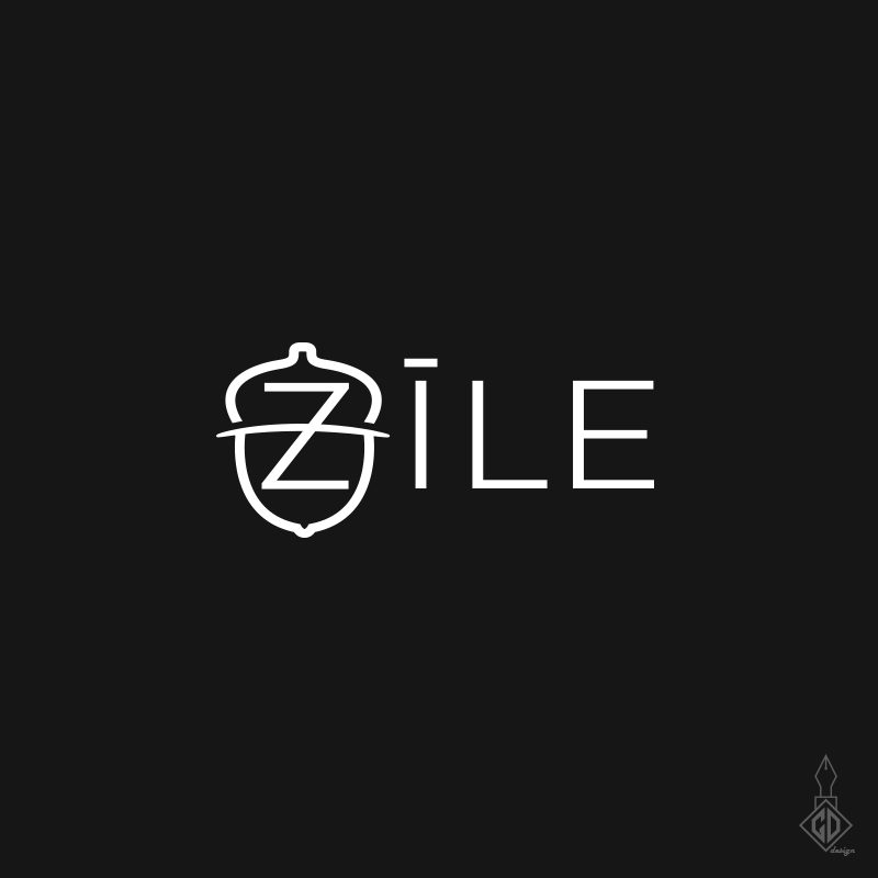 „Zīle” logotips ar ozolzīles kontūru uz tumša fona