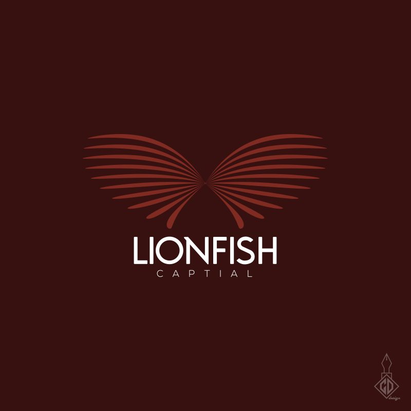 Lionfish Capital logotips ar zivs spuru līnijām uz tumši sarkana fona