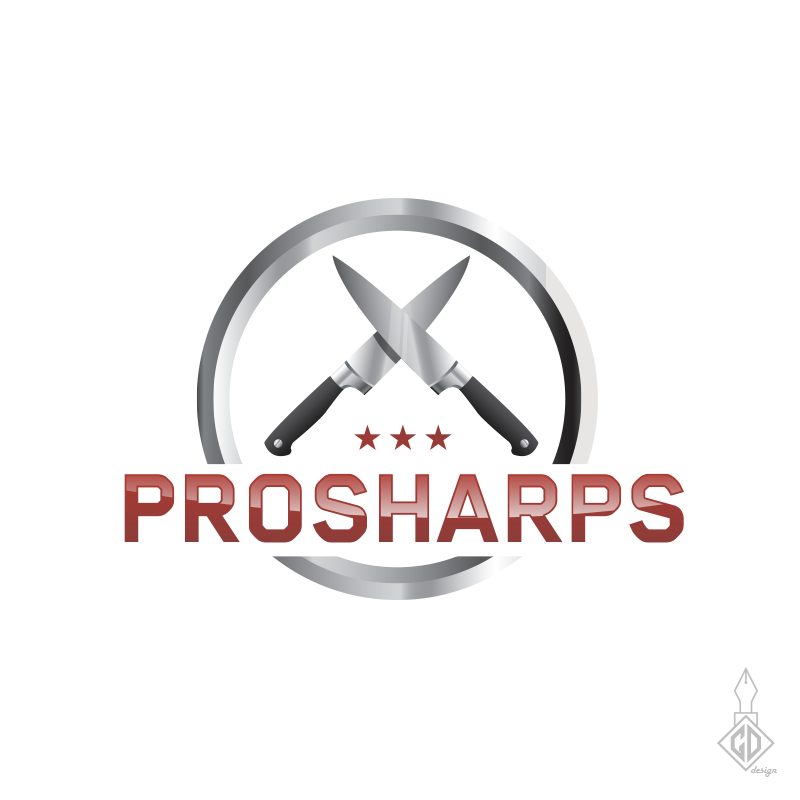 Prosharps logotips ar sakrustotiem nažiem sudraba aplī