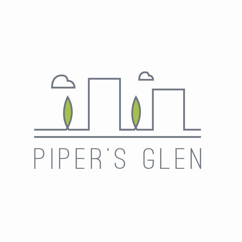 Piper's Glen logotips ar māju siluetiem un lapām