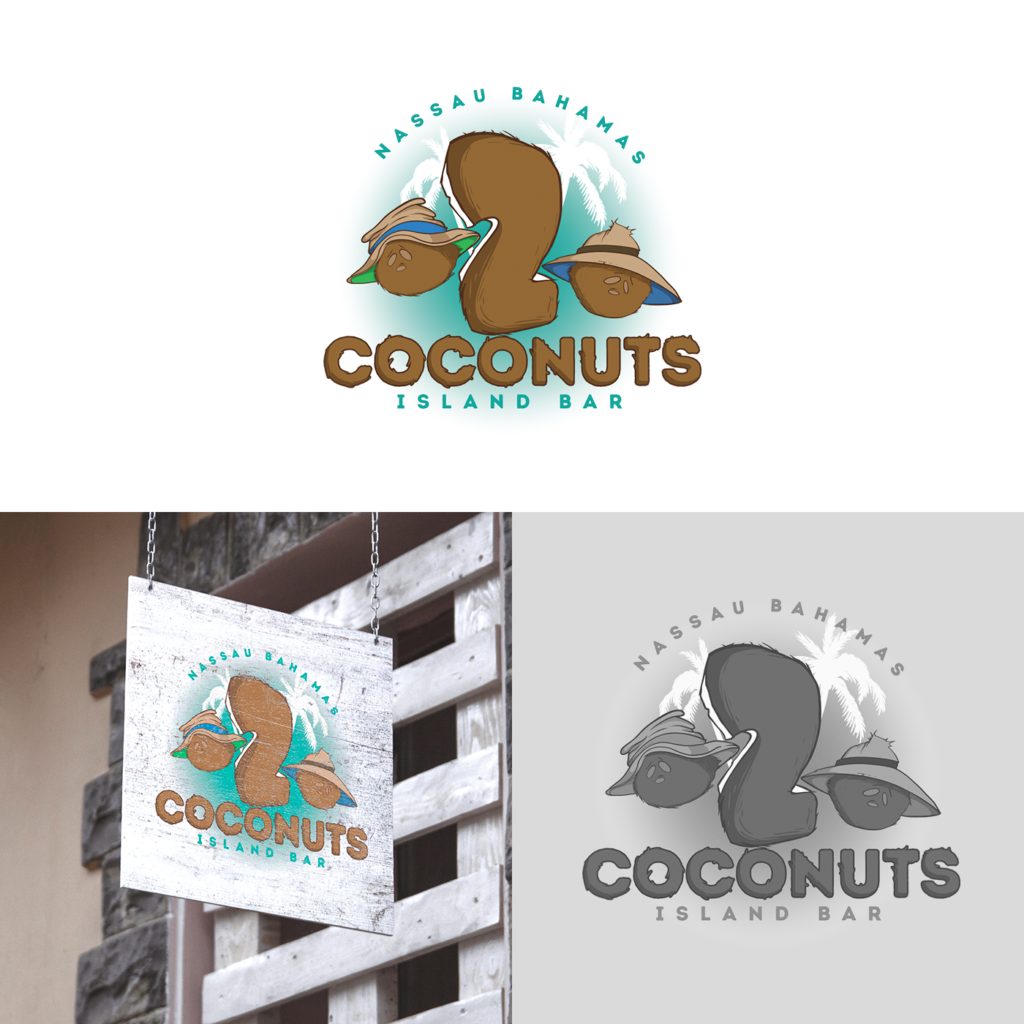 Coconuts Island Bar logotips un koka izkārtne ar kokosriekstu