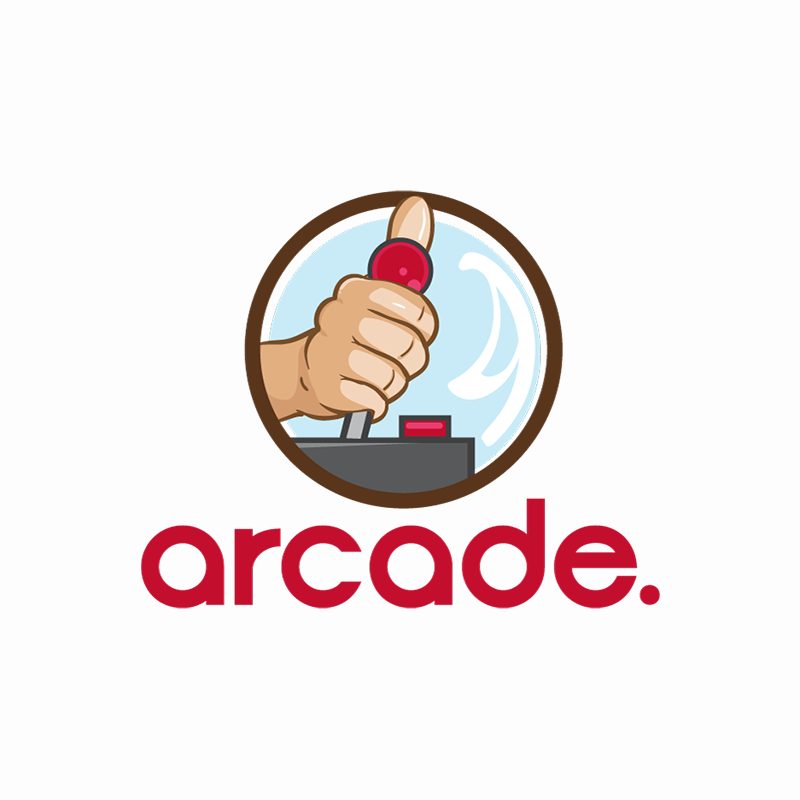 arcade logotips ar roku pie spēļu pogas