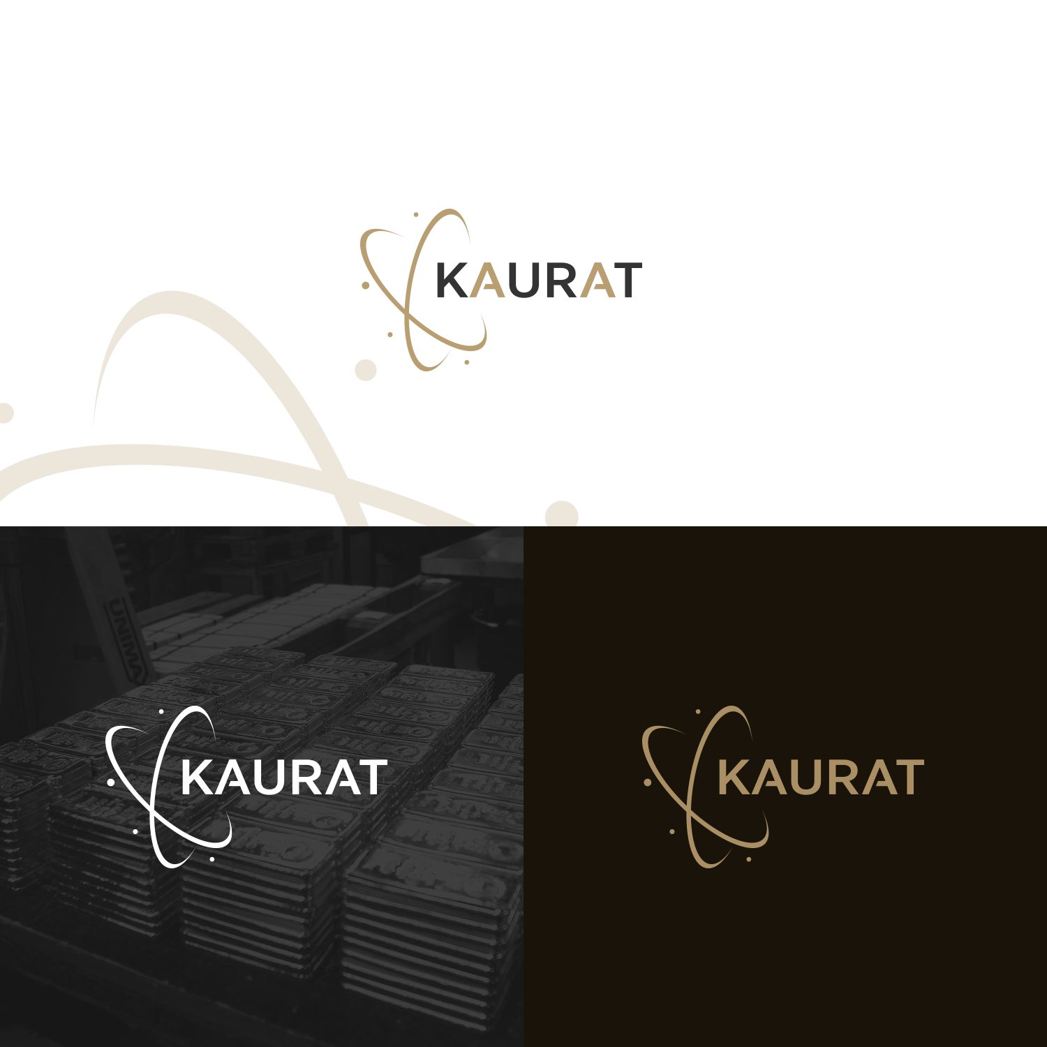 Kaurat logotips zelta krāsā uz balta un tumša fona
