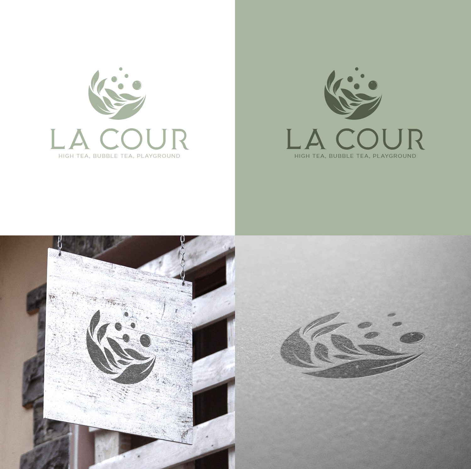 La Cour logotips gaiši zaļā krāsā, izkārtne un iespiedums papīrā