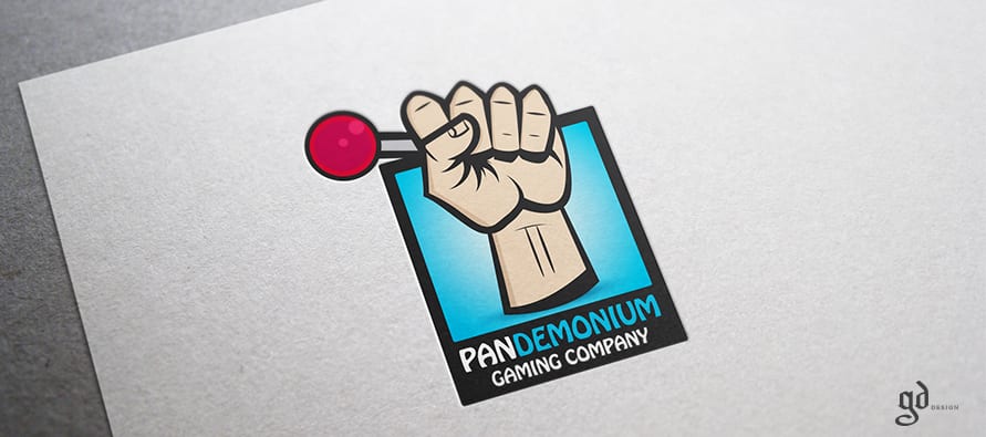 Pandemonium Gaming Company logotips ar dūri, kas satver spēļu sviru