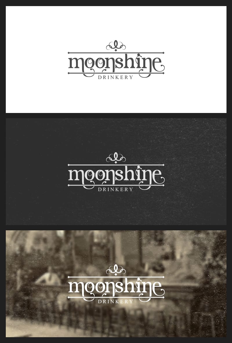 Moonshine Drinkery logotips trīs variantos: uz balta, tumša un fotogrāfijas fona