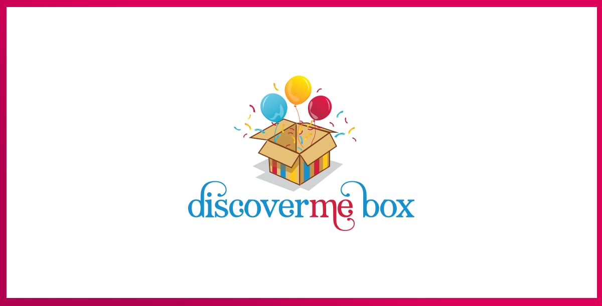 Discoverme Box logotips ar kasti un baloniem