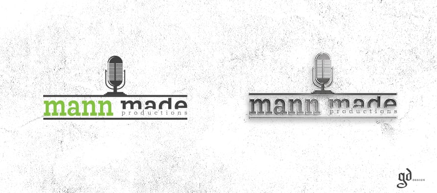 mann made productions logotips ar mikrofonu gaišā un tumšā variantā