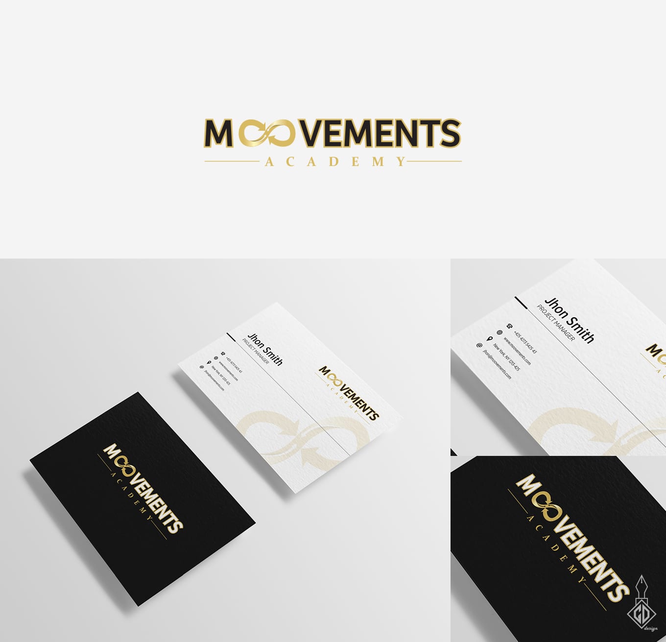 Moovements Academy logotips un vizītkartes melnā, baltā un zelta krāsā