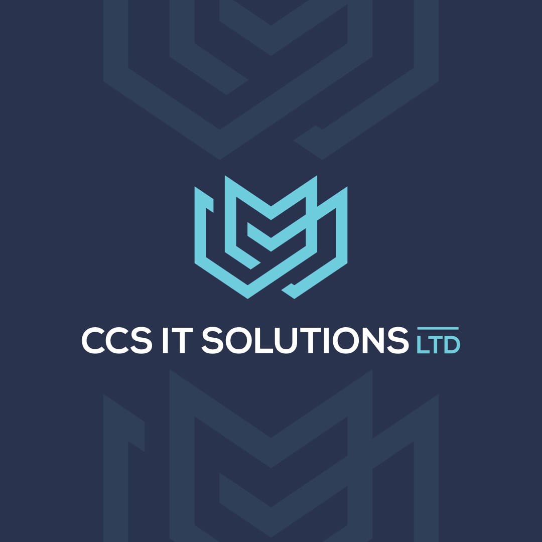 CCS IT Solutions logotips ar zilu monogrammu uz tumši zila fona