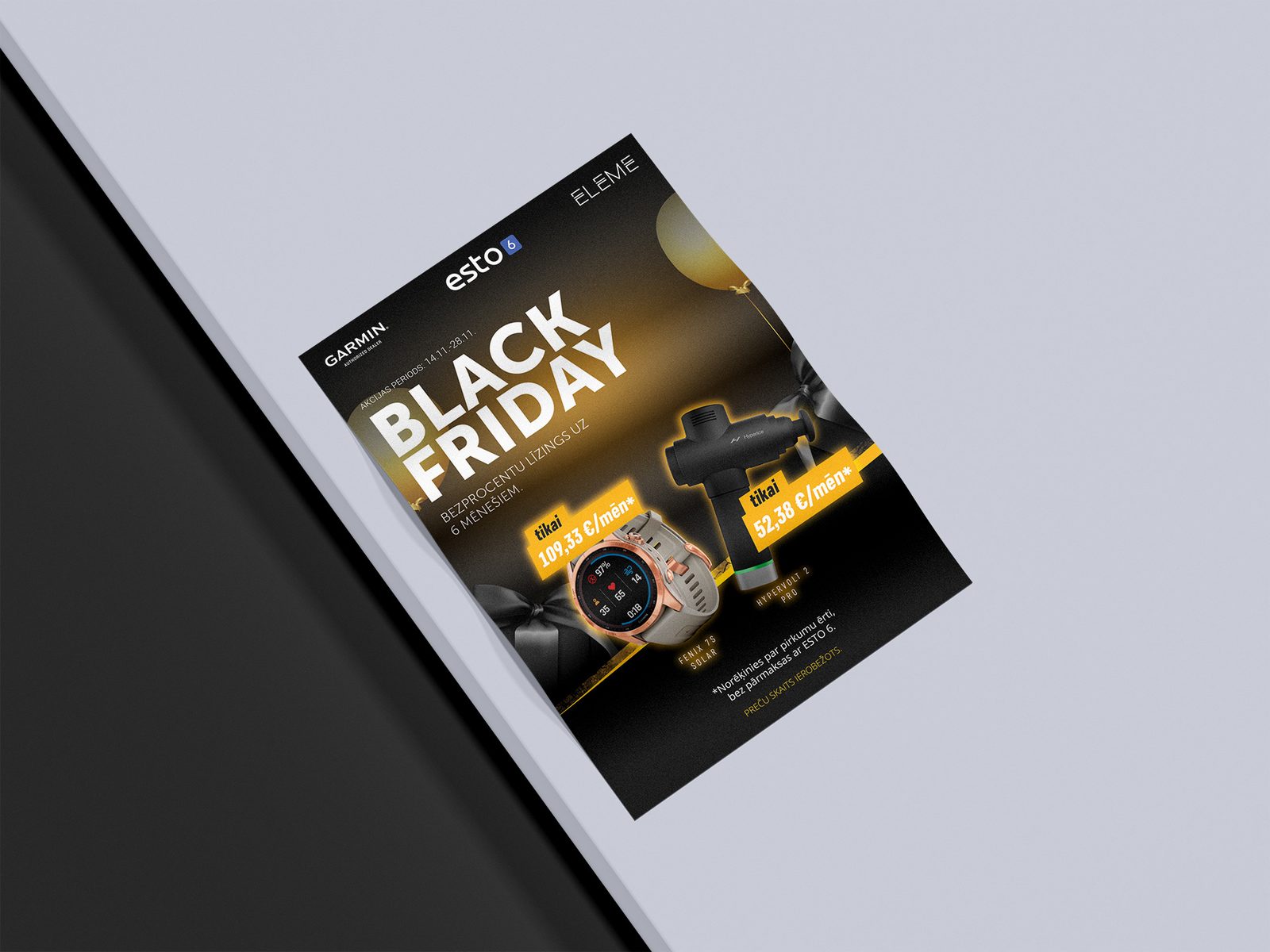 Garmin un Esto Black Friday reklāmas lapa ar zelta akcentiem