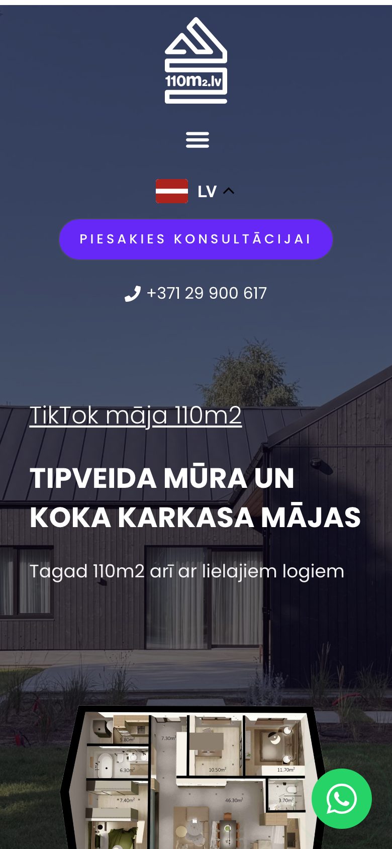 Mājaslapa 110m2 telefona ekrānā