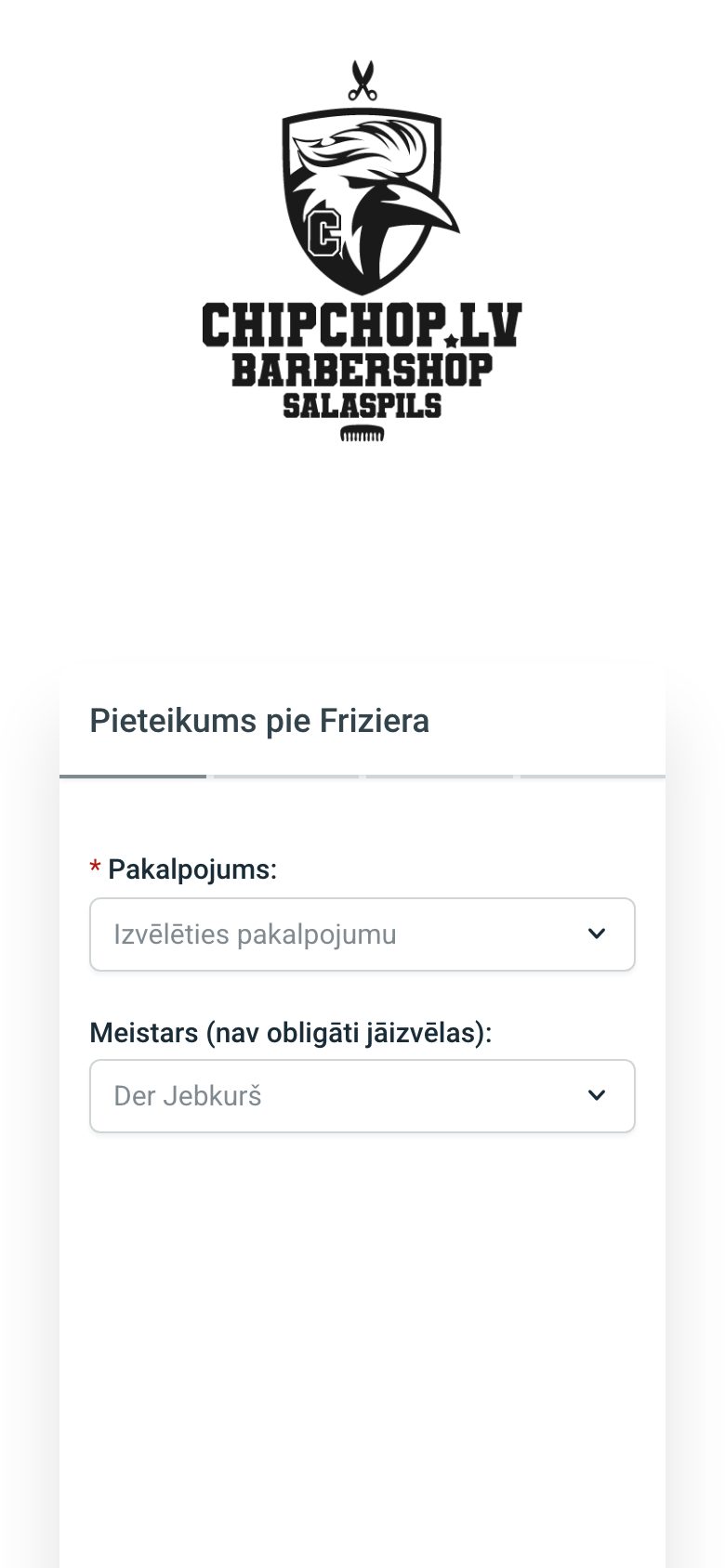 Mājaslapa ChipChop Barbershop telefona ekrānā