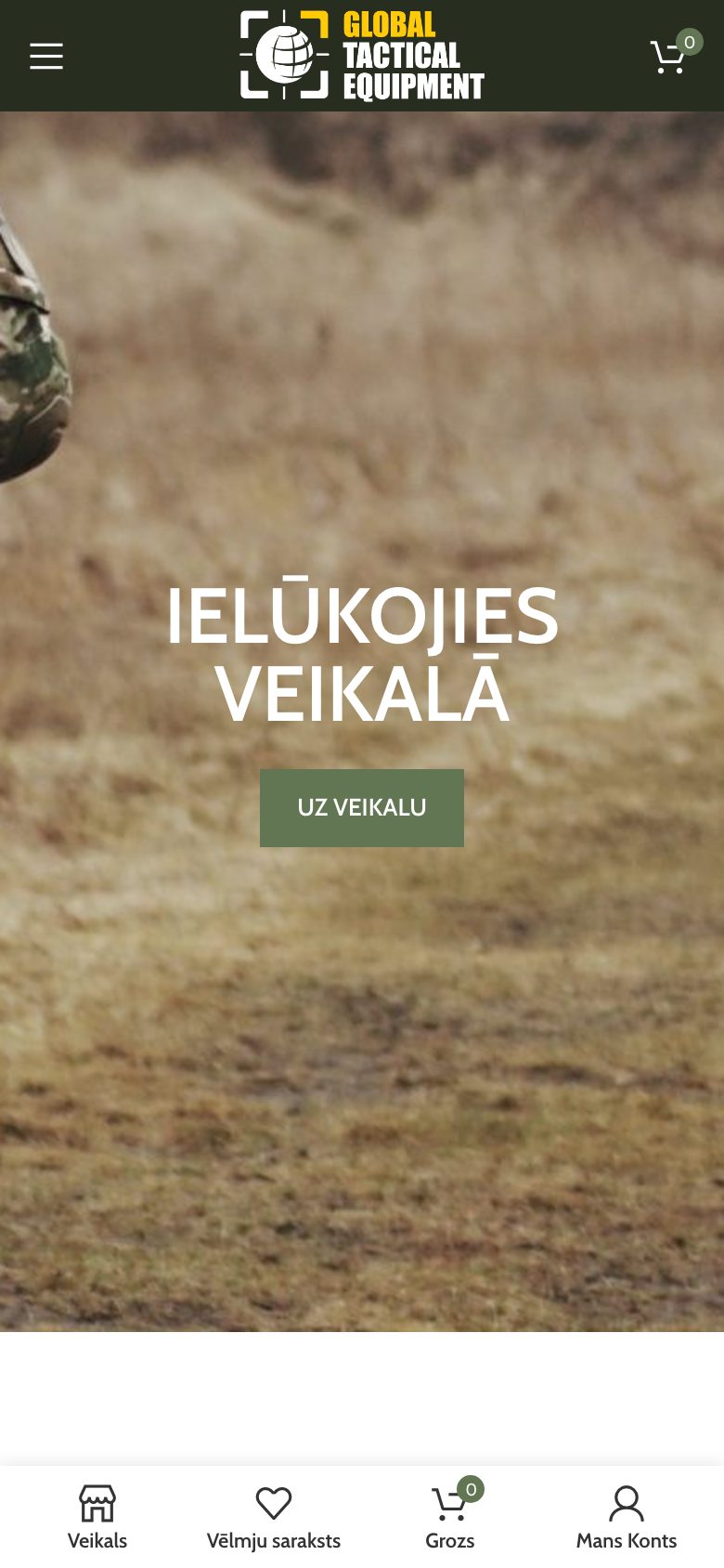 Mājaslapa Global Tactical Equipment telefona ekrānā