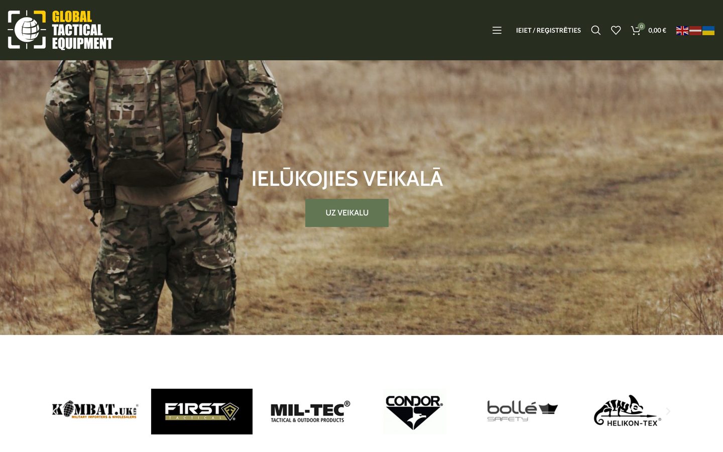 Mājaslapa Global Tactical Equipment datora ekrānā