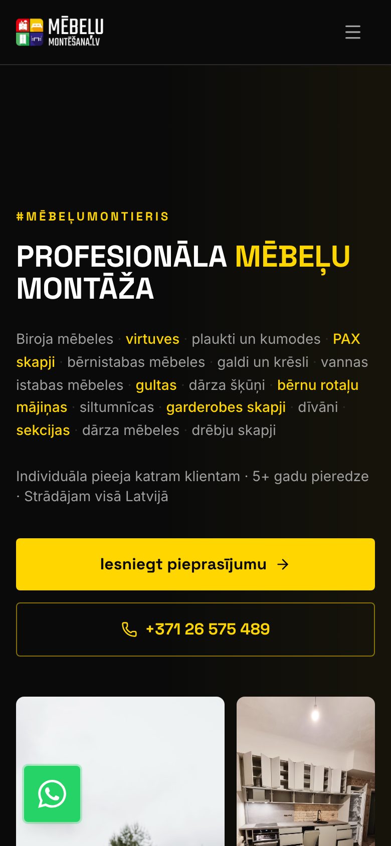 Mājaslapa Mēbeļu montieris (Elvijs) telefona ekrānā