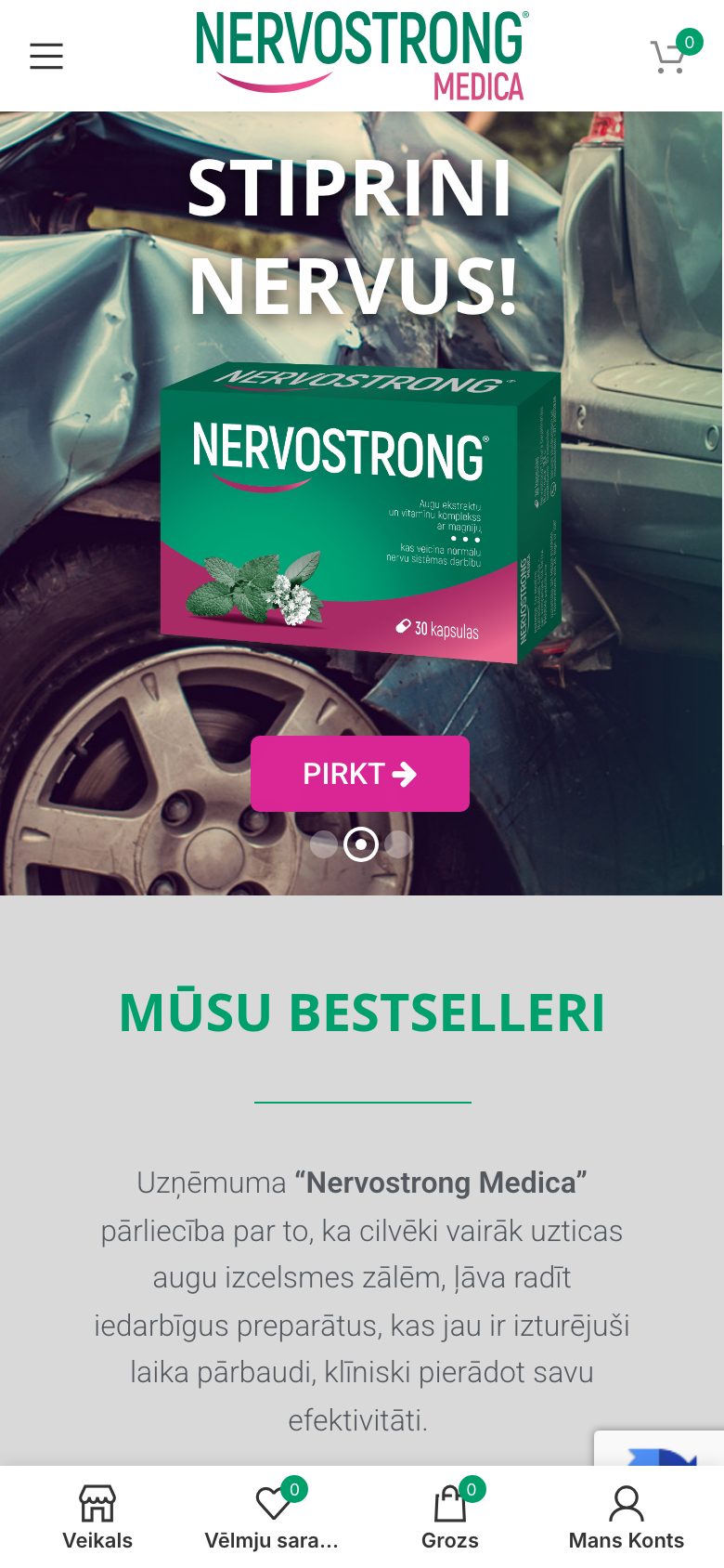 Mājaslapa Nervostrong Medica telefona ekrānā