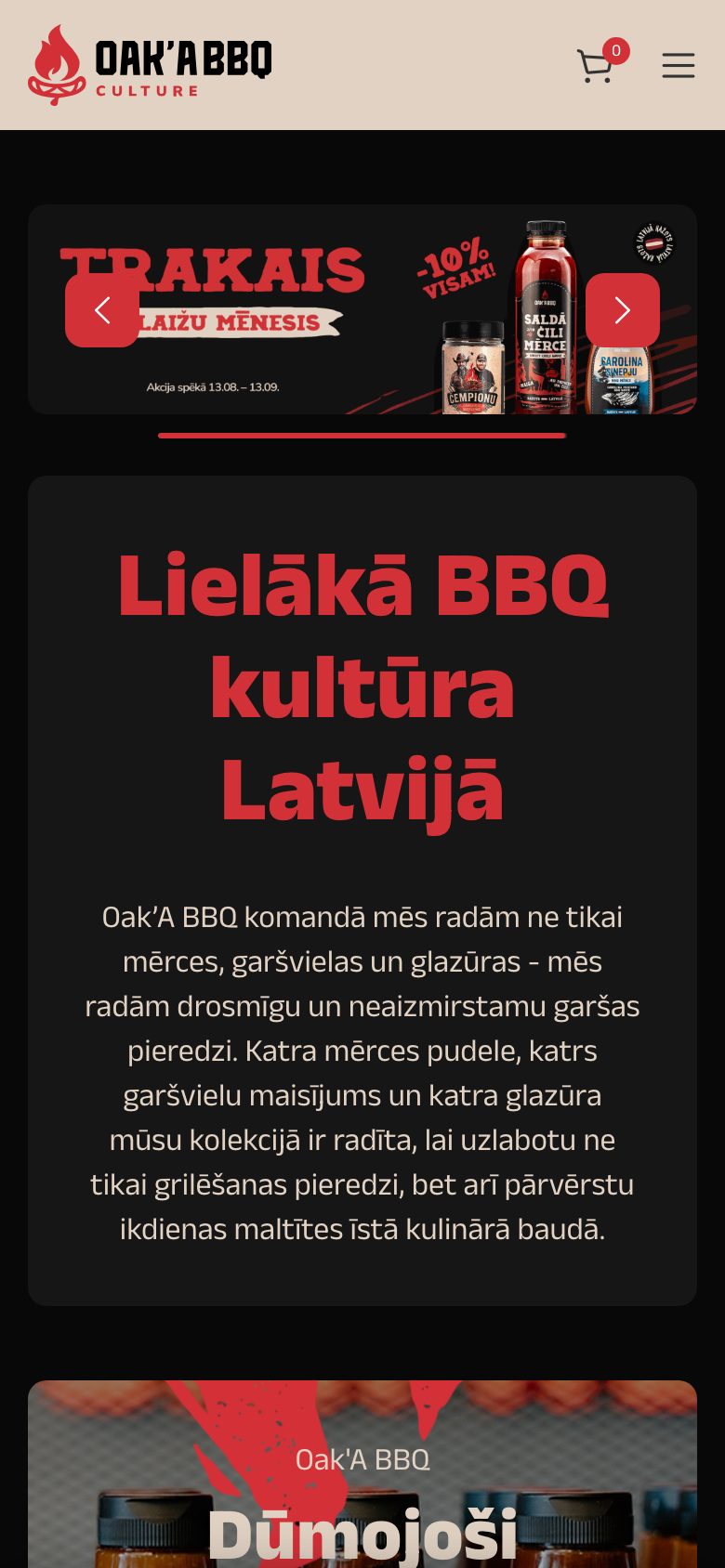 Mājaslapa Oak'A BBQ telefona ekrānā