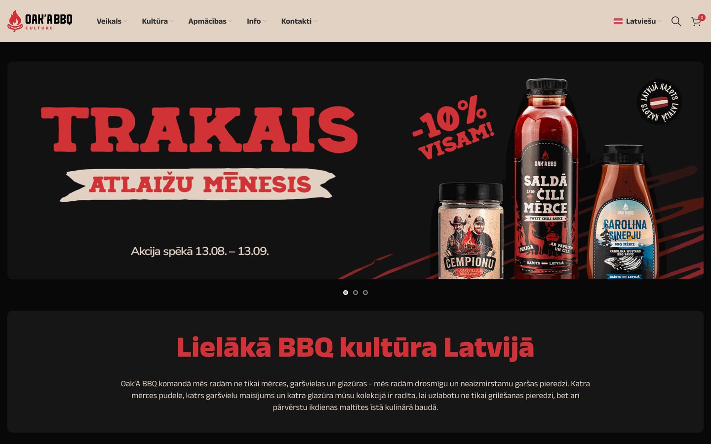 Mājaslapa Oak'A BBQ datora ekrānā