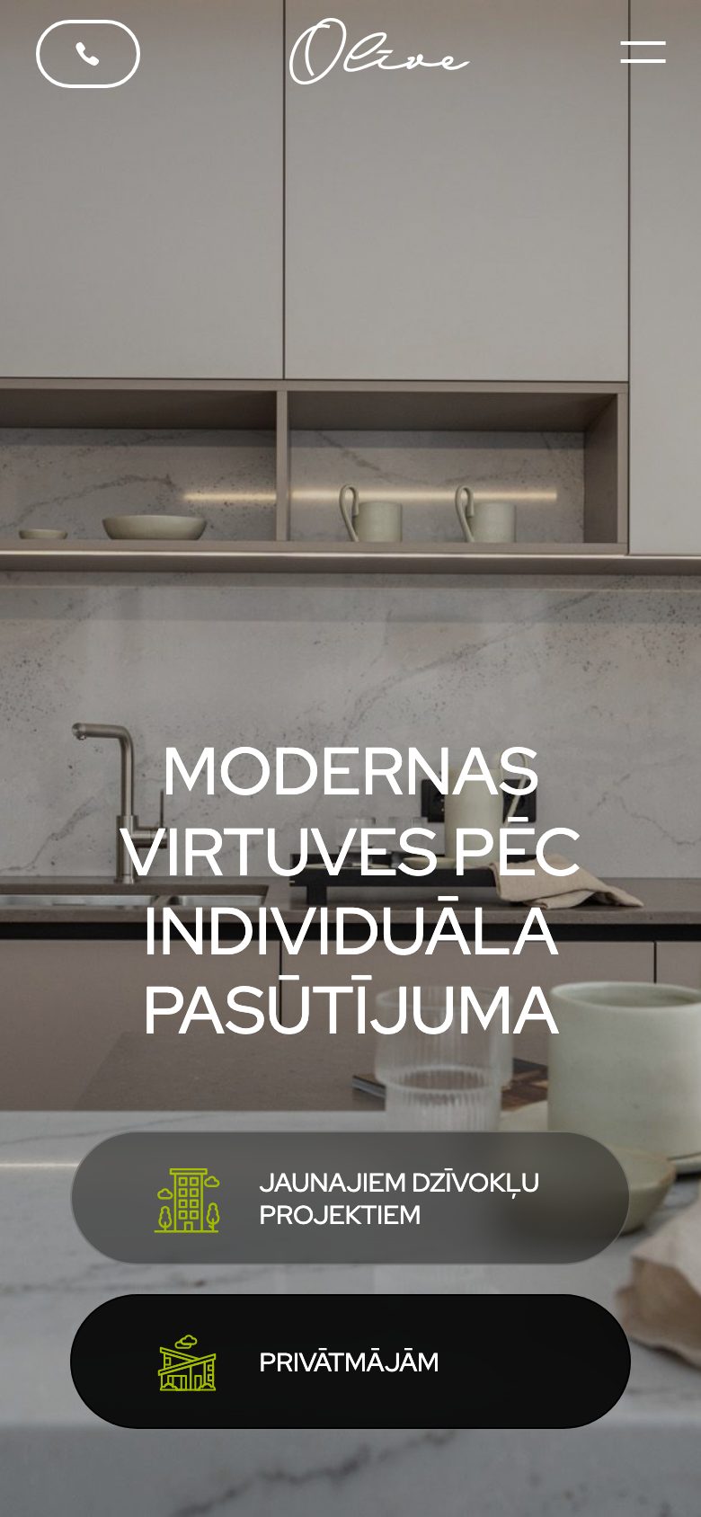 Mājaslapa Olīve Virtuves Mēbeles telefona ekrānā
