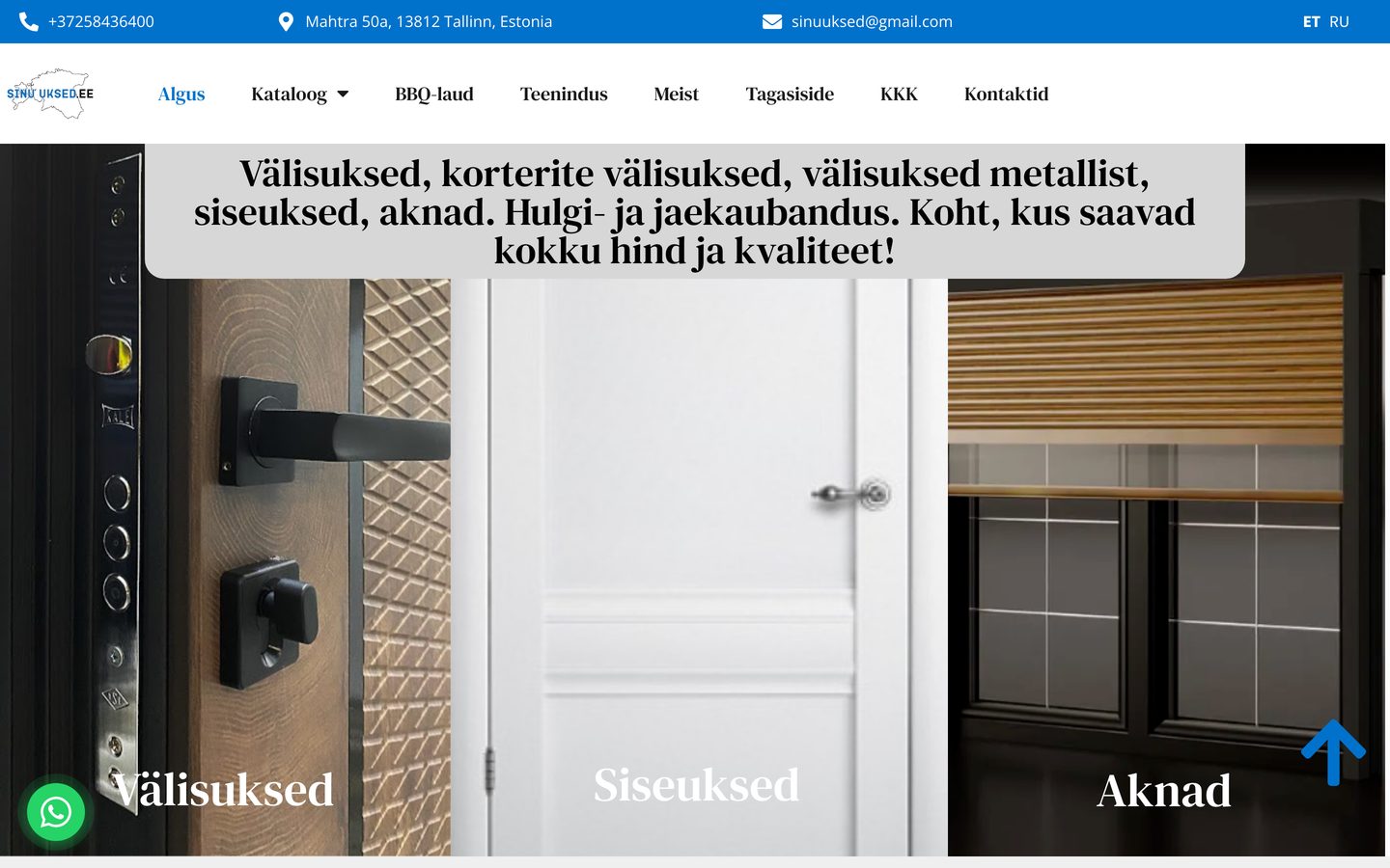 Mājaslapa Sinu Uksed datora ekrānā