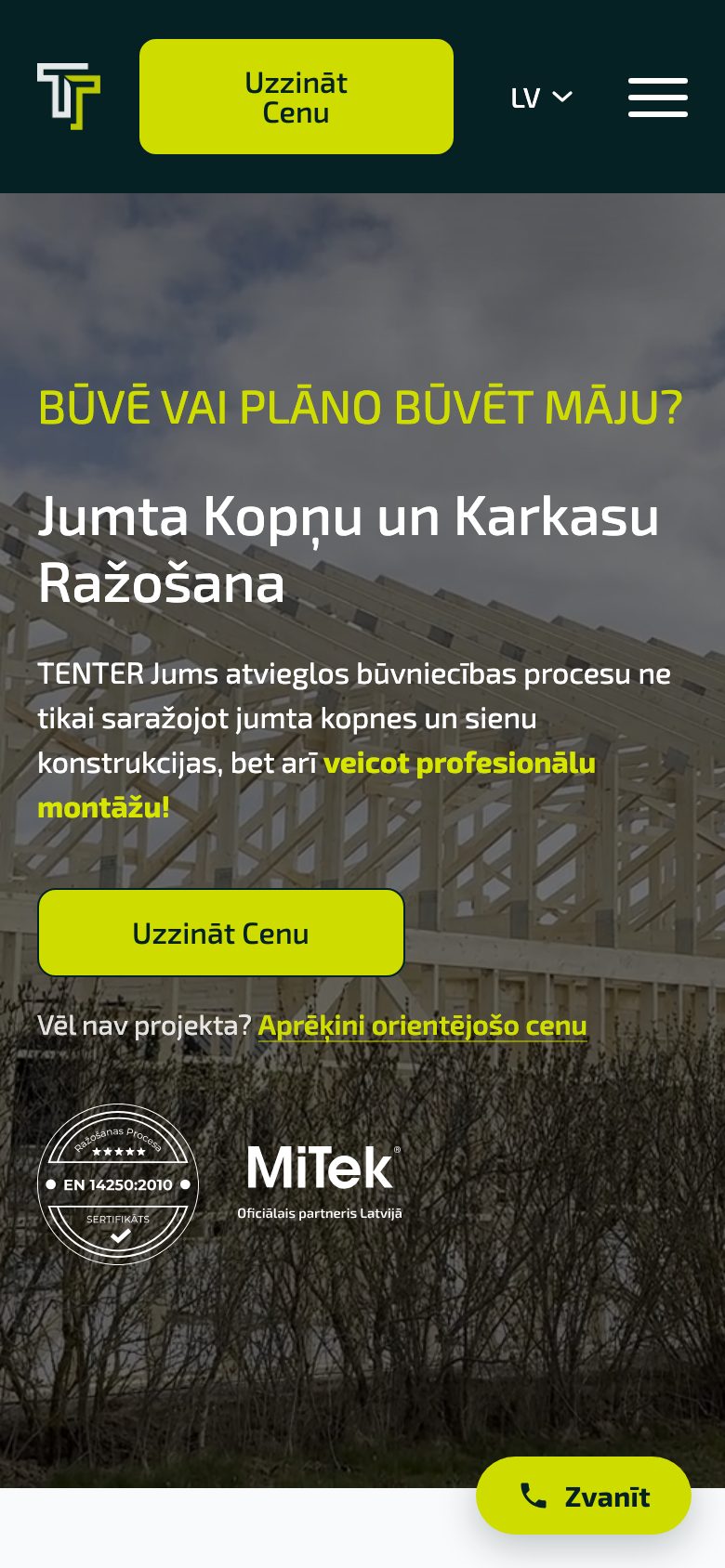 Mājaslapa Tenter Latvija telefona ekrānā