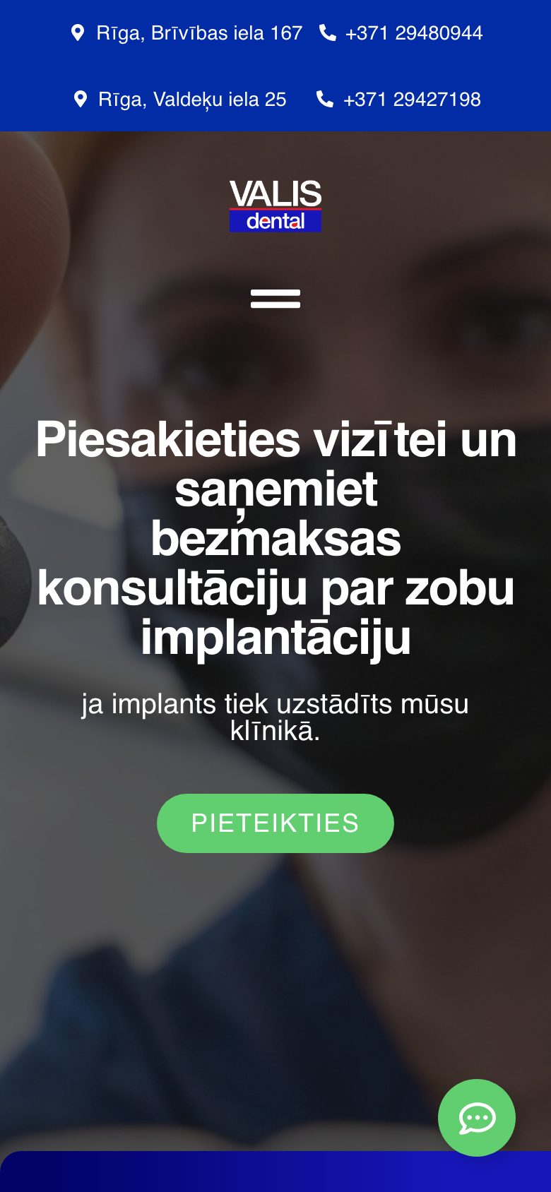 Mājaslapa Valis Stomatoloģija telefona ekrānā