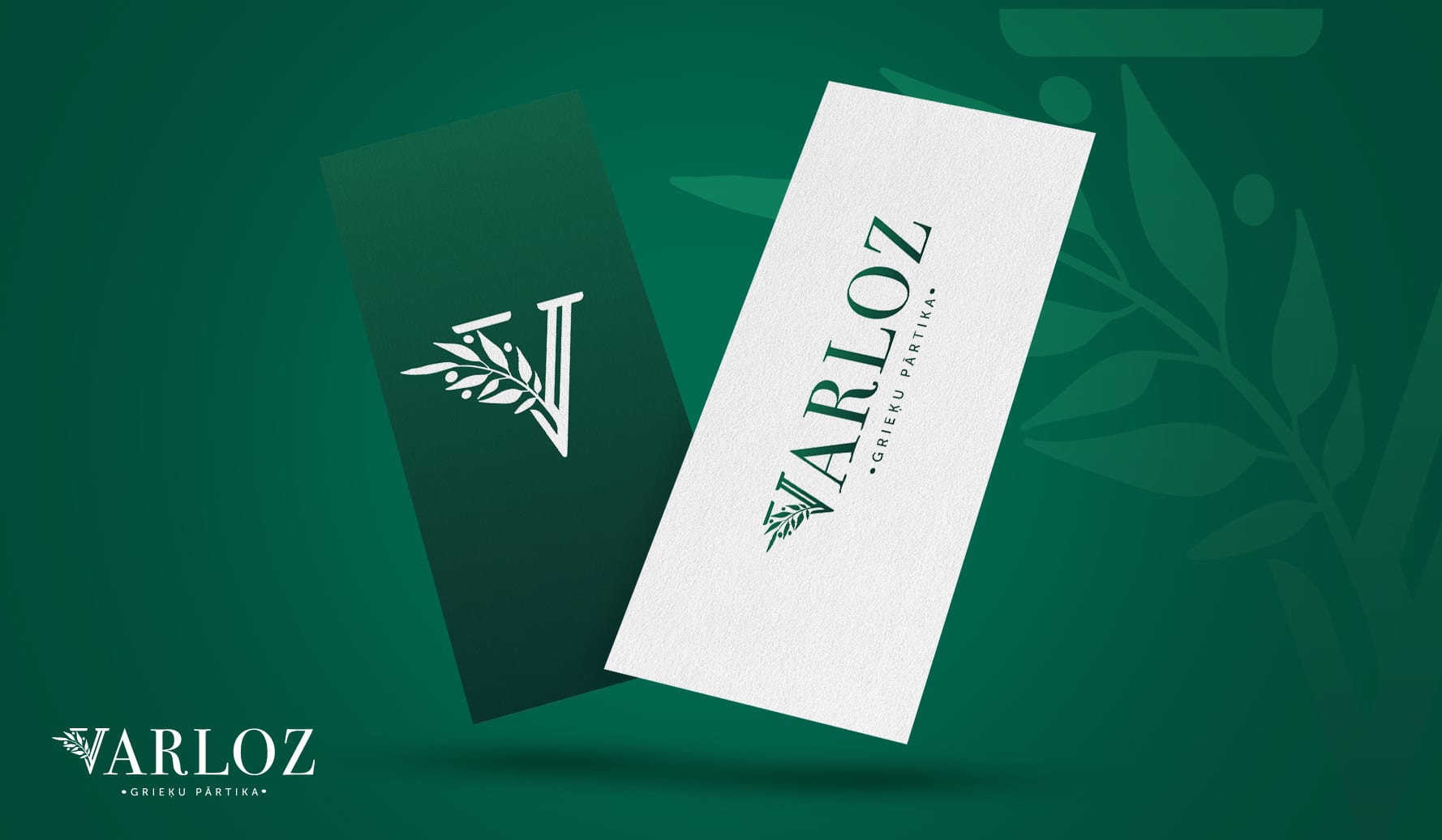 Varloz vizītkartes uz zaļa fona ar olīvzaru un logotipu