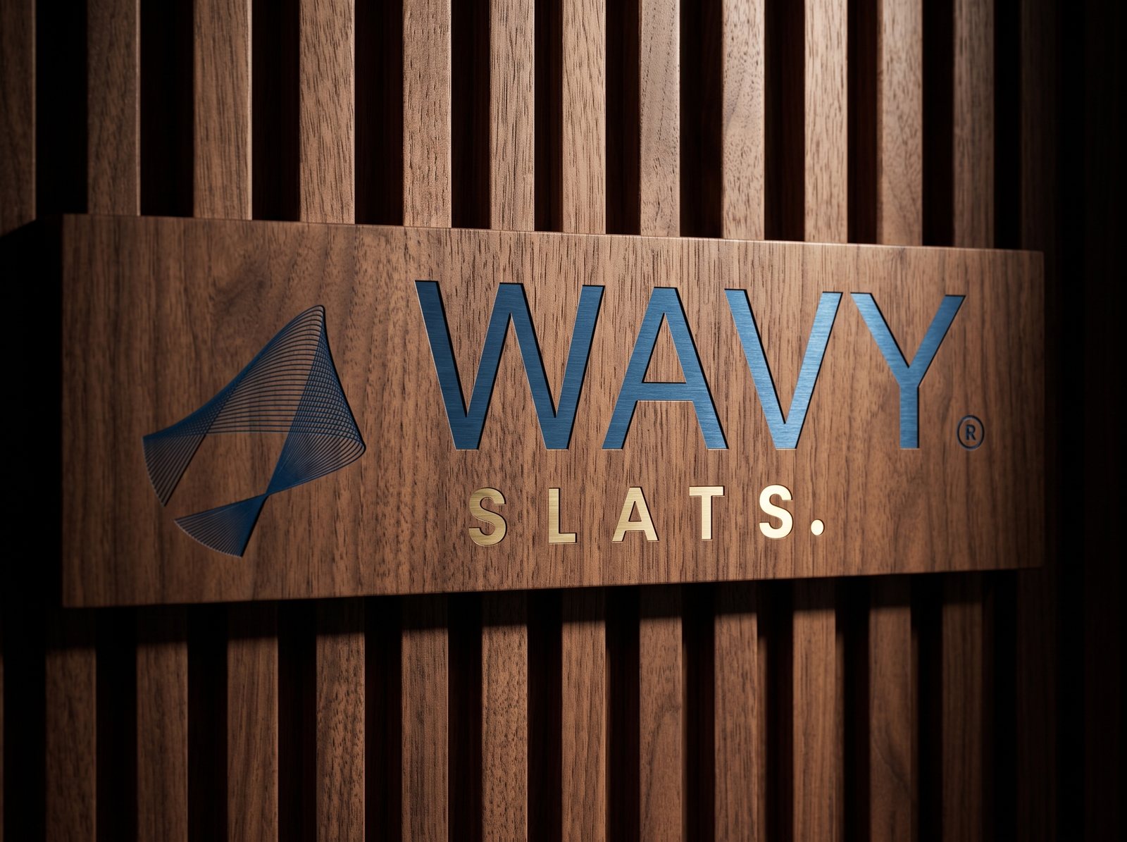 Wavy Slats zīme uz rievotas koka latu sienas
