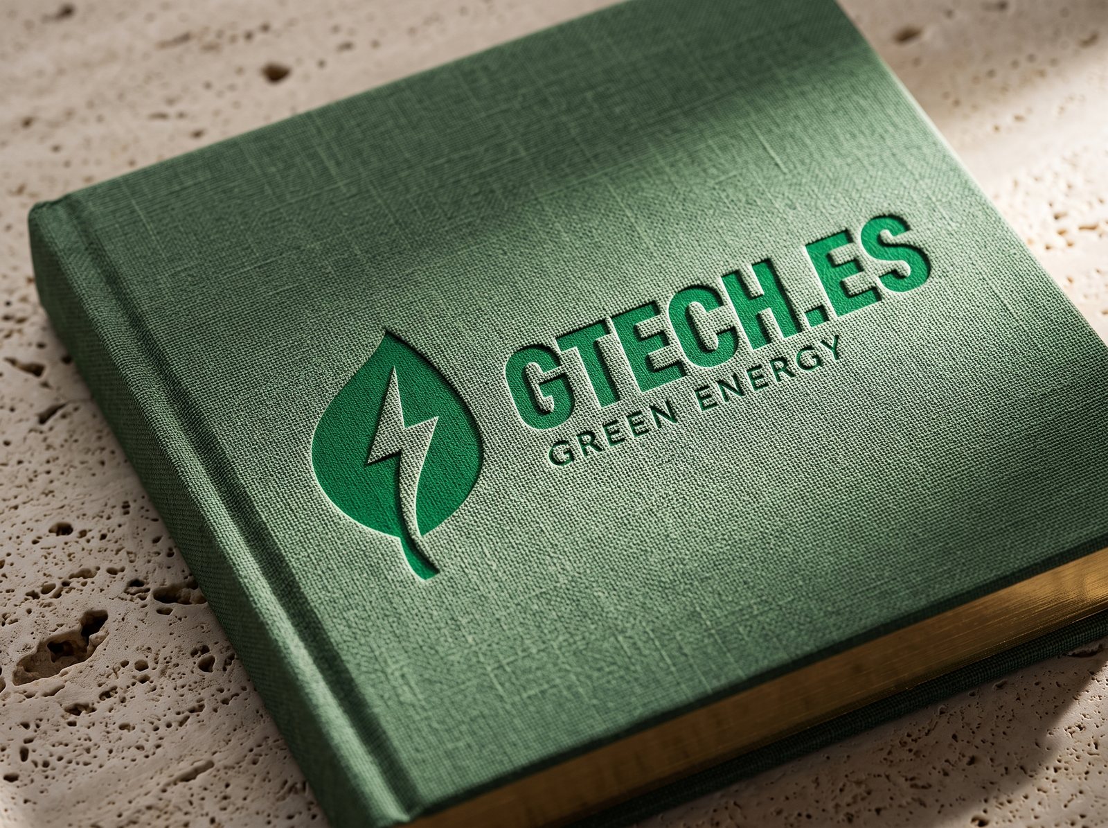 Gtech.es Green Energy zīme uz zaļa linu grāmatas vāka