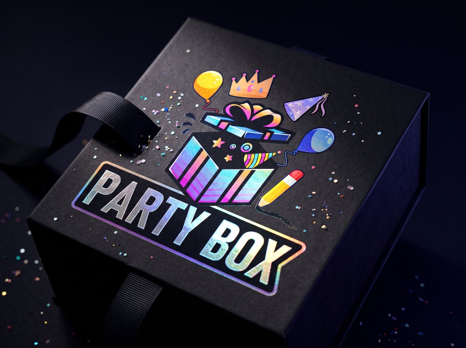 Party Box zīme hologrāfiskā folijā uz melnas dāvanu kastes
