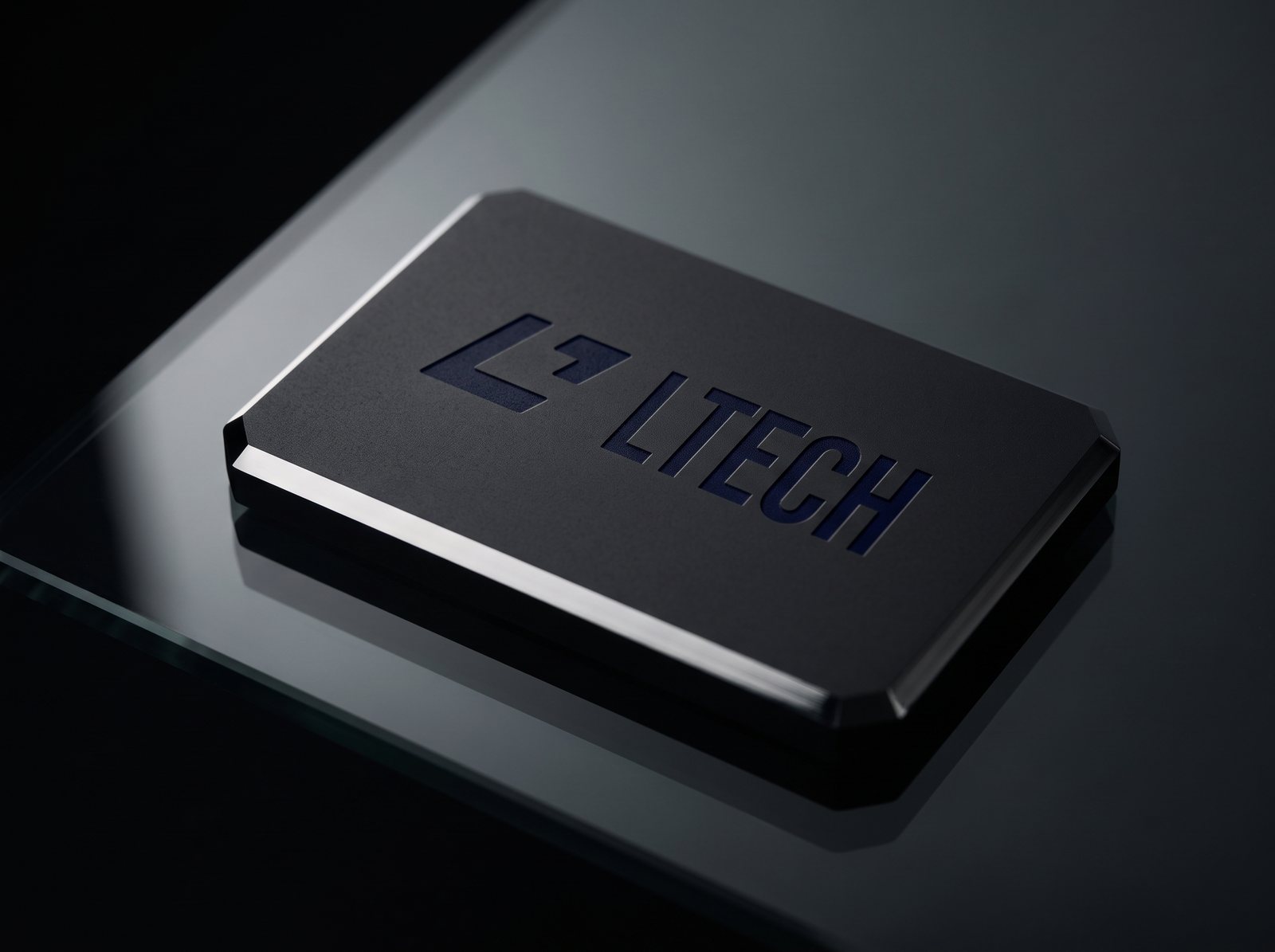 LTECH zīme, iespiesta melnā anodēta alumīnija virsmā